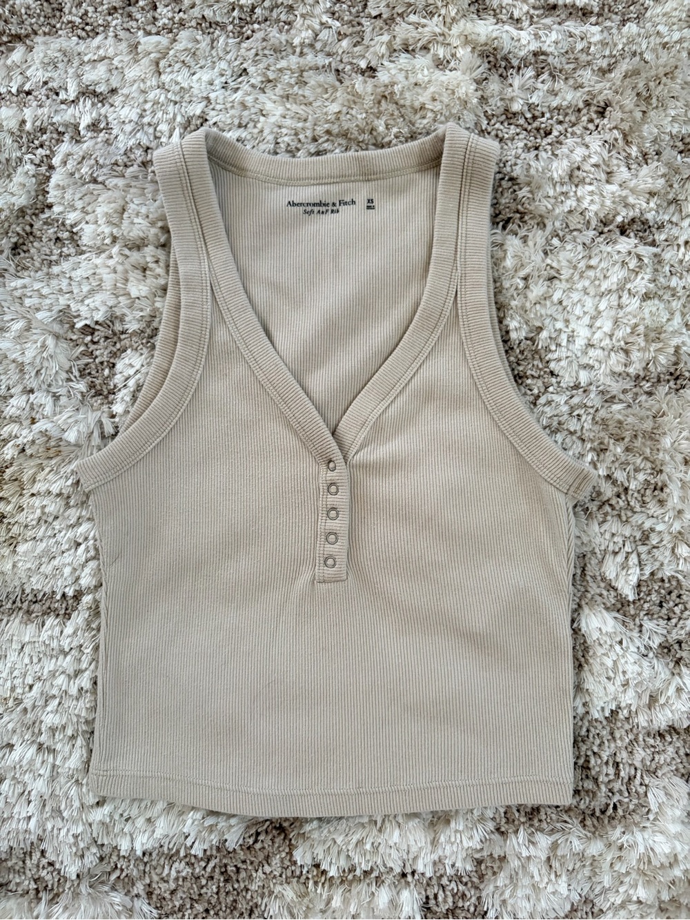 Abercrombie & Fitch Beige Ribbed V-Neck Tank with Henley Buttons